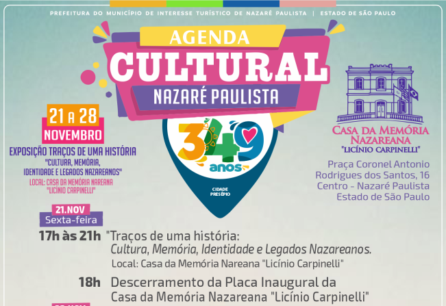 Nazaré Paulista divulga programação cultural especial em comemoração aos 349 anos do município